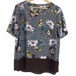 Serein Women's Top Brown Floral Sheer‎ Round Neck Short Sleeves Blouse Size M